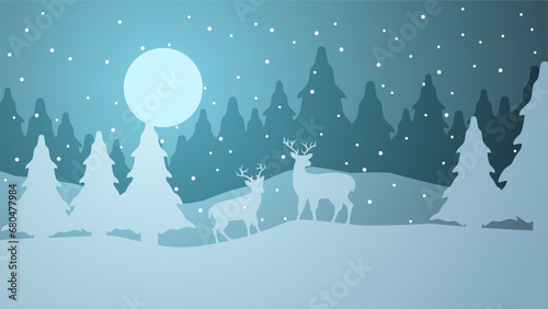 Winter season silhouette landscape vector illustration. Scenery of reindeer silhouette in the snow hill. Cold season panorama for illustration, background or wallpaper