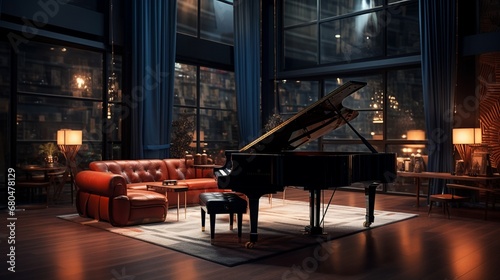 a music studio with a grand piano, recording equipment, and an inspiring atmosphere.