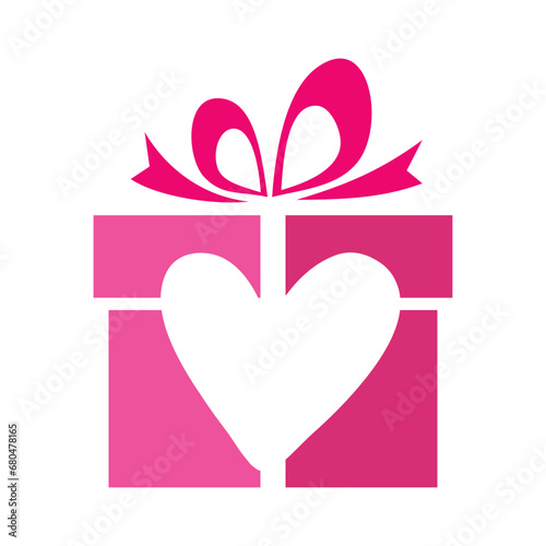 Logo de regalo del día de San Valentín. Silueta de caja de regalo con lazo de cinta y corazón en espacio negativo para su uso en felicitaciones y tarjetas