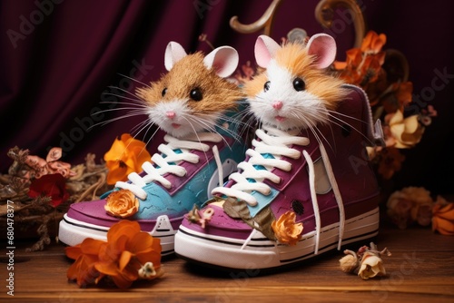 Cute red hamsters sits in orange Shoes. Charming pet