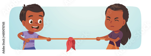 Friends girl, boy children playing tug of war game. Excited African American kids persons enjoy pulling rope competition. Leisure entertainment fun, sports activity, rivalry flat vector illustration photo
