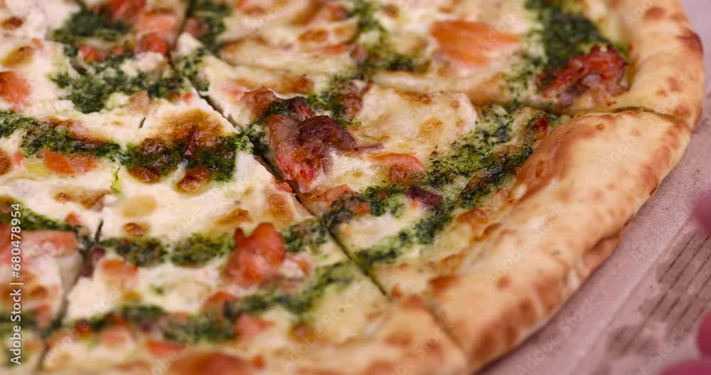 take pizza with red trout fish and green sauce, delicious pizza with fish food and seafood take pizza with red trout fish and green sauce, delicious pizza with fish food and seafood