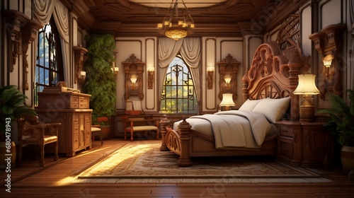 a stylized 3D rendering of a traditional bedroom with ornate wooden furniture and warm lighting.