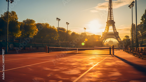 Tennis court nearby with a view of the tower in Paris. Olympic Games 2024 in Paris photo