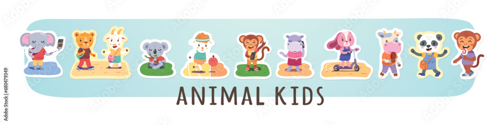 custom made wallpaper toronto digitalKids animals cartoon characters summer activities stickers set. Funny children walking, listening to music, talking on mobile phone, riding scooter. Youth lifestyle concept flat vector illustration