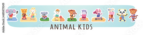 Kids animals cartoon characters summer activities stickers set. Funny children walking  listening to music  talking on mobile phone  riding scooter. Youth lifestyle concept flat vector illustration