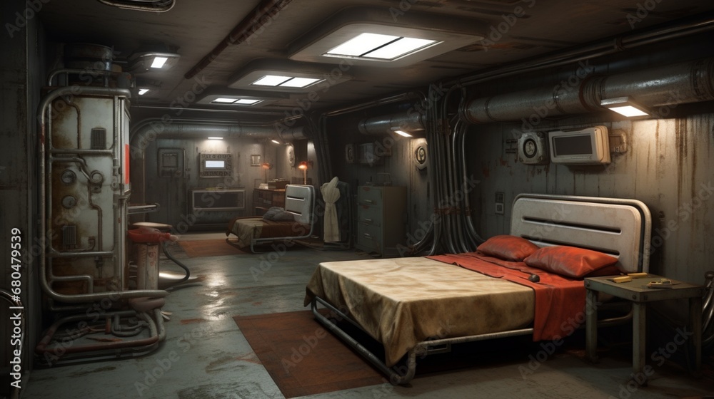 an underground bunker-style room with industrial features and modern amenities. an underground bunker-style room with industrial features and modern amenities.