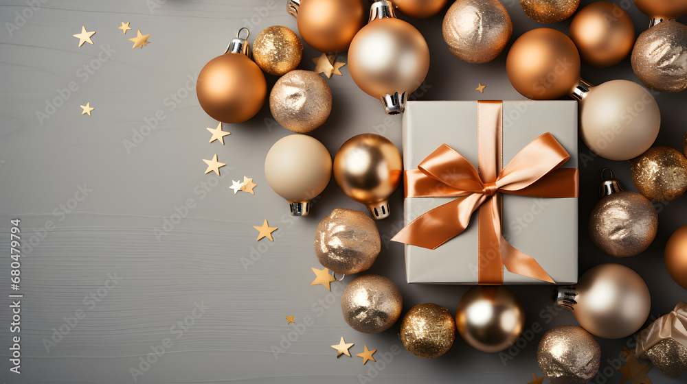 Christmas composition with gifts on light background. Flat lay, top view. Copy space. Banner backdrop Christmas composition with gifts on light background. Flat lay, top view. Copy space. Banner backdrop