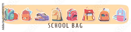 School backpacks bags with books, supplies set. Children full schoolbags with textbooks, notebooks, pens, pencils, paints, calculator stickers. Education, study, knowledge flat vector illustration