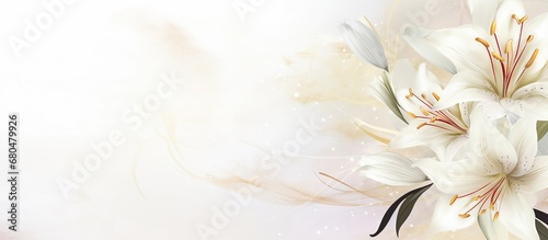 Elegant white lily flower with watercolor style background and invitation wedding card