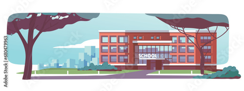 School building front view with green lawn. Cartoon modern school house exterior with cityscape, trees. Elementary children education, study, learning, city architecture flat vector illustration