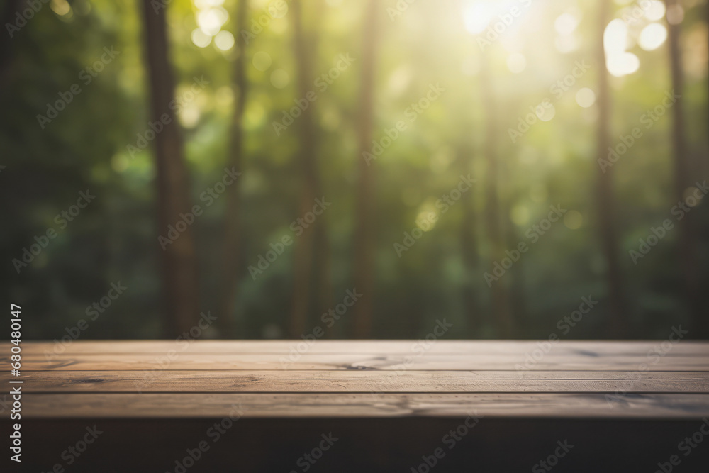 a dark wooden table top with a blurred green tropical forest background and warm light flare. a dark wooden table top with a blurred green tropical forest background and warm light flare.