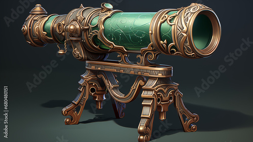 An antique, ornate telescope with intricate detailing. Digital concept, illustration painting.
