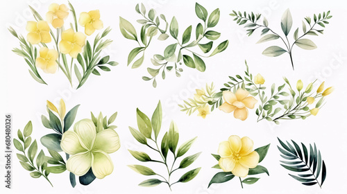 Watercolor floral tropical set. Frame, bouquets, border. Flower and green gold leaf branches bouquets collection, for wedding stationary, greetings, wallpapers, fashion, background © Johannes