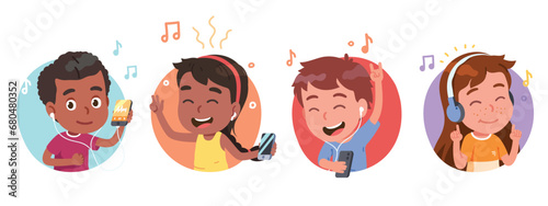 Children listening to music on mobile cell phone. Happy girls, boys kids persons in earphones, wireless headphones, enjoying playing melody. Entertainment leisure fun flat vector illustration set