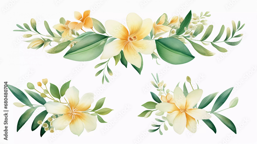 Watercolor floral tropical set. Frame, bouquets, border. Flower and green gold leaf branches bouquets collection, for wedding stationary, greetings, wallpapers, fashion, background