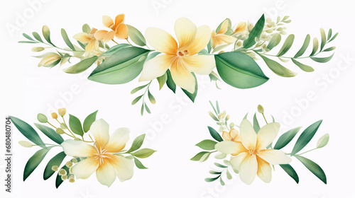 Watercolor floral tropical set. Frame  bouquets  border. Flower and green gold leaf branches bouquets collection  for wedding stationary  greetings  wallpapers  fashion  background