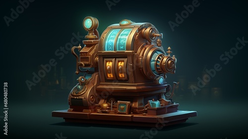 A well-preserved, vintage slot machine with spinning reels. Digital concept, illustration painting.