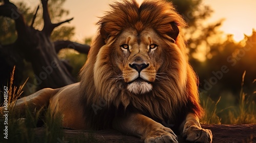 Animal wildlife portrait lion with natural background in the sunset view, AI generated image