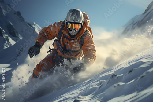 Snowboarder in helmet and goggles jumping on snowboard in mountains