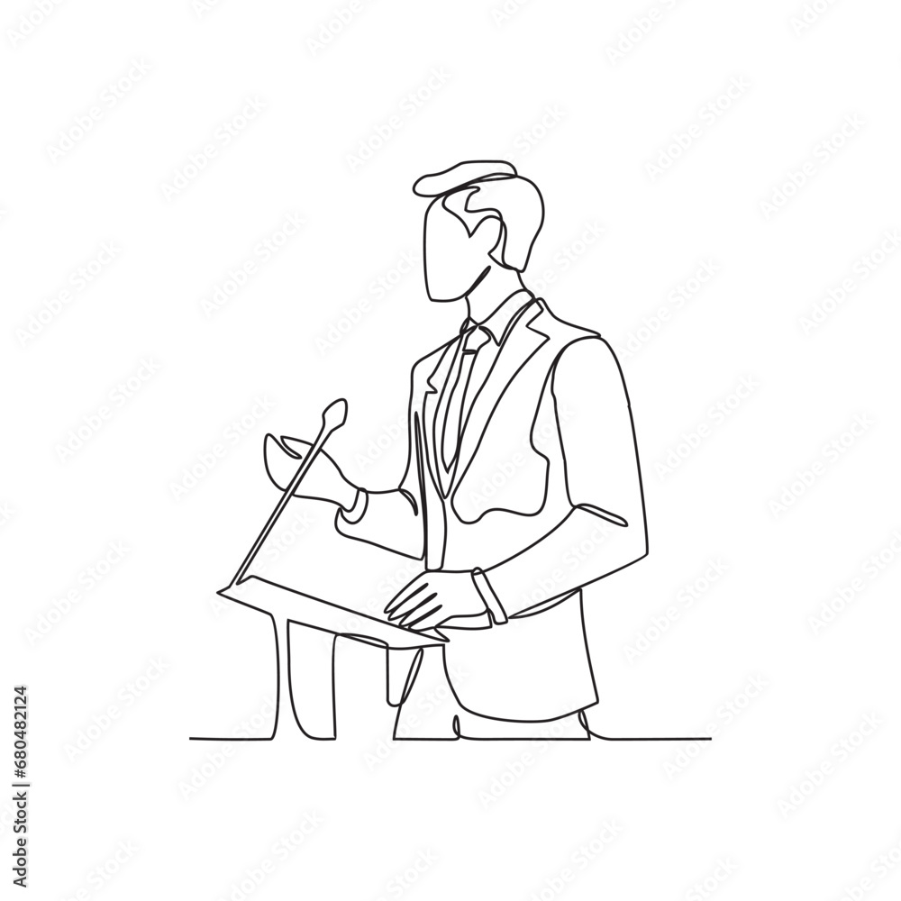 One continuous line drawing of a man is giving a speech in front of an ...