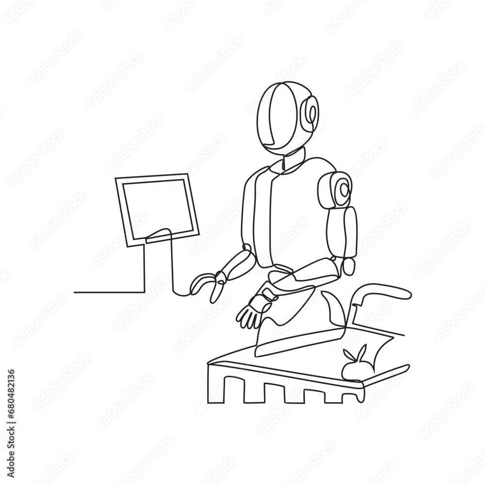 One continuous line drawing of robot as a cashier in a supermarket vector illustration. Technology for economic illustration simple linear style vector concept. Robot design suitable for your asset. One continuous line drawing of robot as a cashier in a supermarket vector illustration. Technology for economic illustration simple linear style vector concept. Robot design suitable for your asset.
