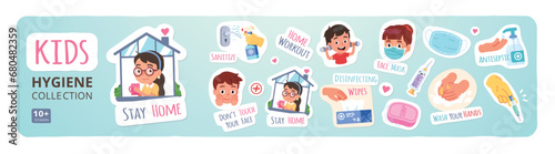 Kids hygiene coronavirus protective measures stickers set. Infection prevention recommendations for children. Stay at home, wash hands, wear face mask. Corona virus protection flat vector illustration