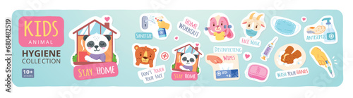 Kids hygiene coronavirus protective measures stickers set. COVID-19 prevention advice with animals children. Stay home, wash hands, wear mask. Corona virus protection concept flat vector illustration