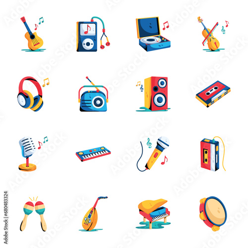 Pack of Music and Instruments Flat Icons 


