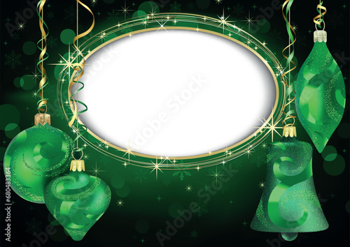 Green Christmas Background with Hanging Christmas Decorations and an Oval Pla...