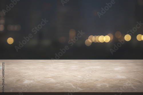 a white marble table top with a blurred night cityscape background