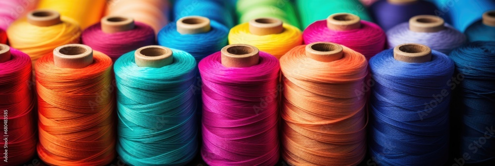 banner of colorful cotton craft threads. Generative AI banner of colorful cotton craft threads. Generative AI