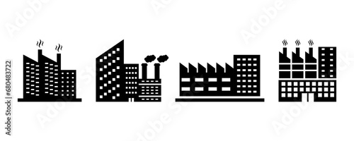 Set of factory or industry building vector icons. Black silhouette with industry, manufacture, production or company icons. Vector 10 Eps.