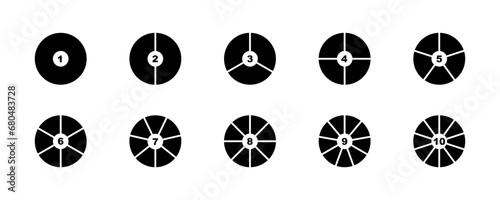 Set of pie chart vector icons. Segments on circle with 1 to 10 piece. Black round diagram. Divided circle on sections.