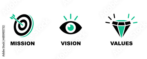 Set of mission, vision and value vector icons. Target, eyeball and diamonds icon. Plan for success. Vector 10 Eps. photo