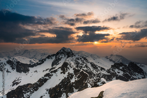 Fototapeta Naklejka Na Ścianę i Meble -  Sunset over the rocky peaks in the High Tatras
