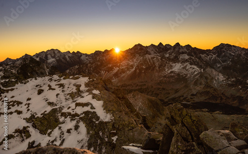 Fototapeta Naklejka Na Ścianę i Meble -  Sunset over the rocky peaks in the High Tatras