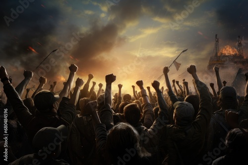 A raised fist of a protestor. large group of protesters. Generative AI photo