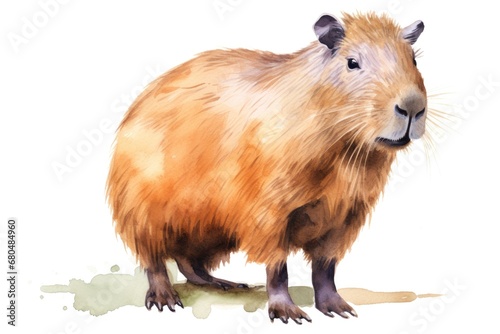 watercolor capybara in the water with splashes on white background photo