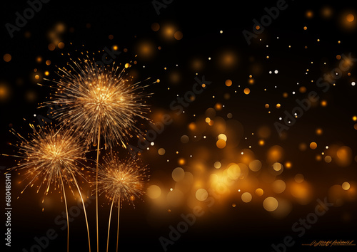 Celebration New Year s Eve  Silvester  holiday background panorama greeting card - Golden firework fireworks pyrotechnics on dark night sky