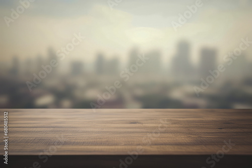 a wooden table top with a blurred cityscape background