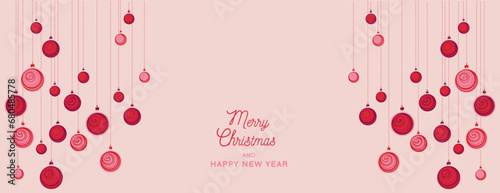 Merry Christmas and Happy New Year background. Vector handmade Christmas balls. Horizontal border with copy space. Suitable for email header, post in social networks, advertising, events and page cove