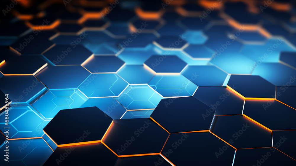 Abstract background with black glowing honeycomb hexagons and fiery orange backlight