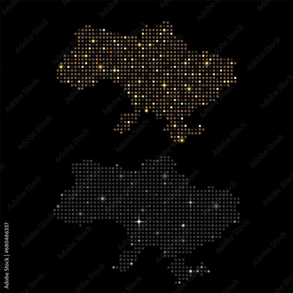 Set of decorative stylized maps of Ukraine from halftone shiny gold and silver dots on black background. Pixel mosaic vector pattern. Festive New Year and Christmas cards in luxurious or rich style