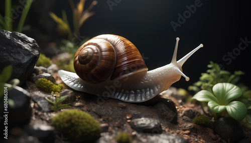 Sluggish snail crawling on a green surface, generative AI © 4K_Heaven