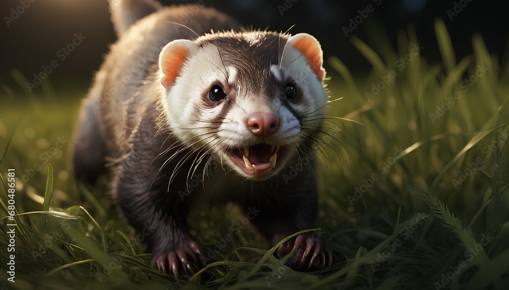 Fototapeta premium Curious ferret exploring a whimsical landscape, generative AI