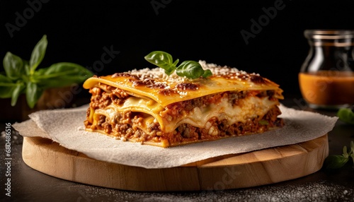 Delicious Lasagna on a rice paper on a wooden board