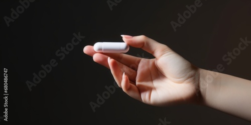 Close up of female hand with white capsule on black background. Medicine pill in hand.
