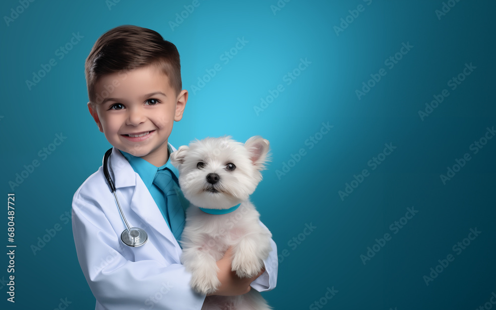 Hispanic little boy dressed up as a veterinarian holding a dog, professional portrait Hispanic little boy dressed up as a veterinarian holding a dog, professional portrait