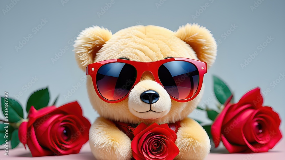 Obraz premium Teddy bear wearing sunglasses with red roses, AI generated